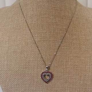 Photo of Italian 925 Sterling Silver & Red Rubies 3/4" Heart Pendant 16" Necklace