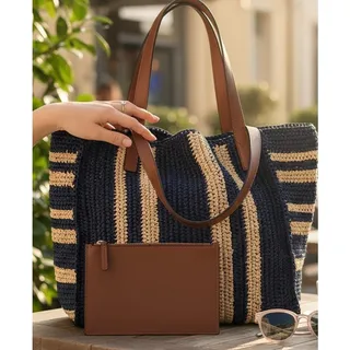 Photo of Ralph Lauren Striped Woven Straw XL Refined Navy & Tan, NWT & Dust bag