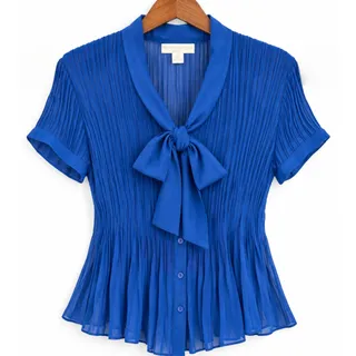 Photo of Worthington Petite Royal Blue Pleated Tie Neck Blouse EUC Size Large (LP) 