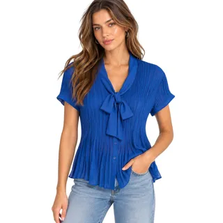 Photo of Worthington Petite Royal Blue Pleated Tie Neck Blouse EUC Size Large (LP) 