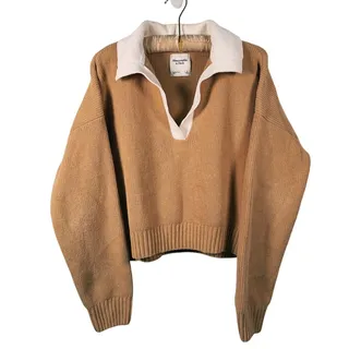 Photo of Abercrombie & Fitch Contrast Collar V-Neck Sweater Womens S Tan Preppy Old Money