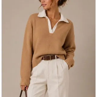 Photo of Abercrombie & Fitch Contrast Collar V-Neck Sweater Womens S Tan Preppy Old Money