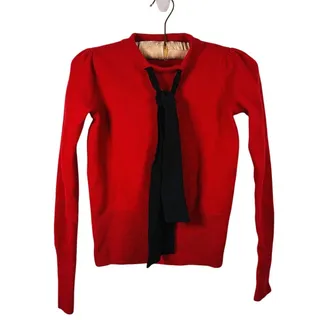 Photo of Sandro Paris Lezard Wool Bow Sweater Womens S Red Puff Sleeve Preppy Academia