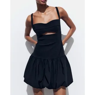 Photo of Zara Cut Out Balloon Mini Dress Size M Black Coquette Cocktail Party Event LBD
