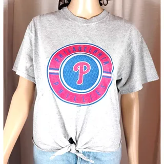 Photo of Phila Phillies Cropped Cutoff T Shirt Heathered Knotted Graphic MLB Womens Med
