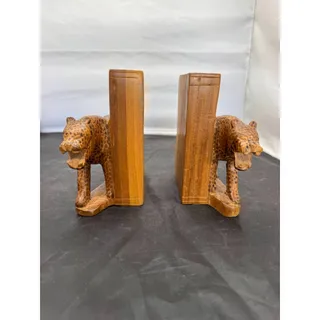 Photo of Vintage Hand Carved Wooden Leopard Bookends African Safari Cheetah Figurine Pair