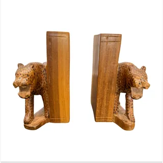 Photo of Vintage Hand Carved Wooden Leopard Bookends African Safari Cheetah Figurine Pair