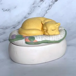 Photo of Vintage 1990s Sleeping Yellow Cat Trinket Box Ceramic Kitty Jewelry Keepsake