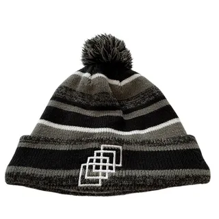 Photo of New Era Striped Pom Beanie Gray Black Fleece Lined Knit Ski Hat Unisex One Size
