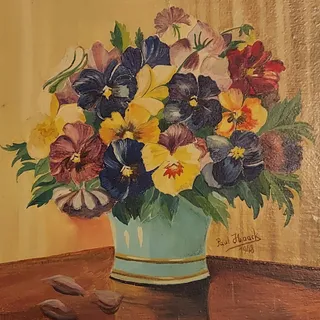 Photo of Vintage 1948 Paul Haack Oil On Board Painting Depicting Pansies in a Vase