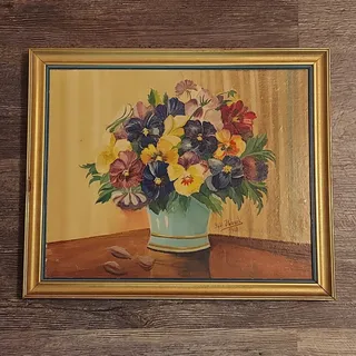 Photo of Vintage 1948 Paul Haack Oil On Board Painting Depicting Pansies in a Vase