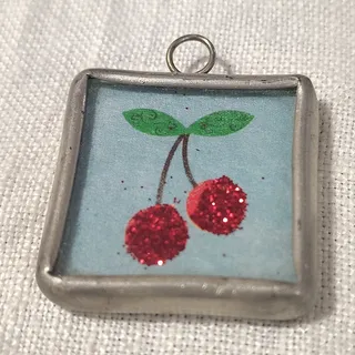 Photo of Square Cherry Fruit Glass Pendant Charm with Red Glitter, Silver Frame