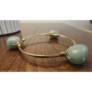 Photo of Gold Tone Wire Wrap Bangle Bracelet with 3 Blue Oval Stones, Metal