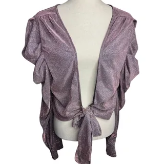 Photo of Metallic Mauve Pink Sparkle Ruffle Sleeve Tie Front Crop Top 3XL