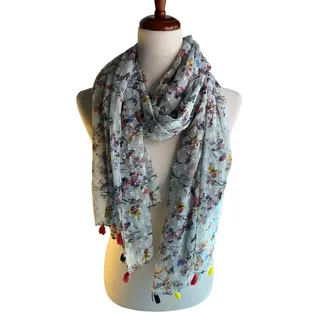Photo of Sheer Sage Floral Butterfly Print Scarf Colorful Tassels Boho Lightweight Wrap