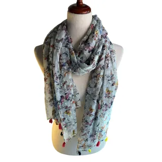 Photo of Sheer Sage Floral Butterfly Print Scarf Colorful Tassels Boho Lightweight Wrap