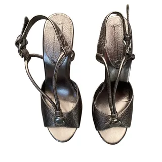 Photo of Banana Republics Heels Women Sz 7 Metallic Silver Ankle Buckle Wooden Heel Retro