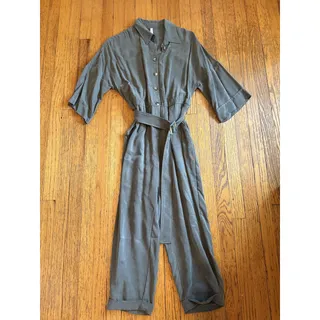 Photo of Iris Setlakwe Jumpsuit Womens Size 8 Olive Green Belted Button Front Collared