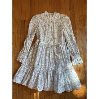Photo of Tish Cox Dress Womens XXS White Blue Floral Ruffle Neck Long Sleeve Tiered Boho