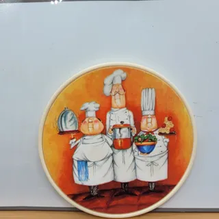 Photo of 3 Chefs 4” plastic coasters with paper cutouts glued on set of 4