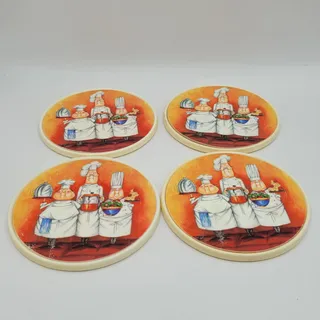Photo of 3 Chefs 4” plastic coasters with paper cutouts glued on set of 4