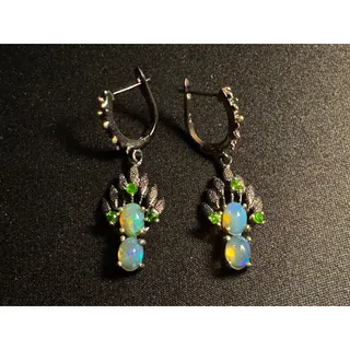 Photo of 925 Silver Rhodium Oxidized Ethiopian Opal & Emerald Earrings