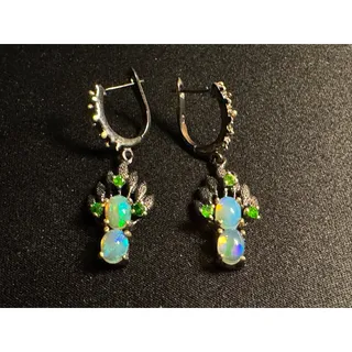 Photo of 925 Silver Rhodium Oxidized Ethiopian Opal & Emerald Earrings