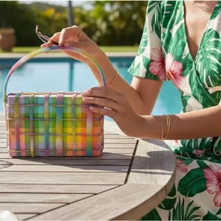 Photo of Simitri Rainbow Crystal Etoile Clutch NWT Multicolor Gingham Handcrafted