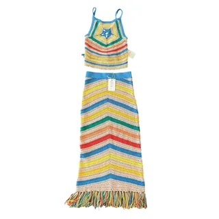 Photo of Mother Candy Stripe Cinch Tank Halter Top Fringe Midi Skirt Set size S NEW Tags