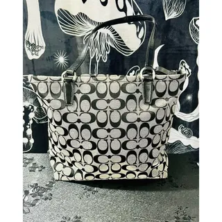 Photo of Coach F28504 Signature Stripe 12CM Tote Black White Logo Canvas Patent Trim