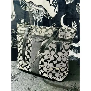 Photo of Coach F28504 Signature Stripe 12CM Tote Black White Logo Canvas Patent Trim