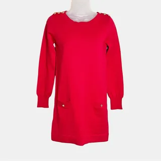 Photo of SESSUN Red Cotton Knit Shift Dress Size Small Gold Button Parisian Preppy