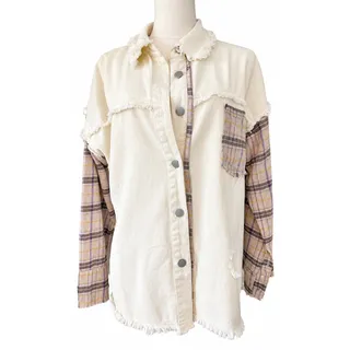Photo of Blue B Boho Plaid Mixed-Media Distressed Shacket Shirt Jacket Medium