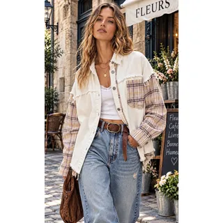Photo of Blue B Boho Plaid Mixed-Media Distressed Shacket Shirt Jacket Medium
