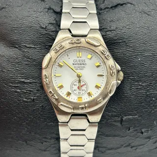 Photo of Vintage Guess Waterpro 50M Ladies Watch Silver Tone Hex Link Bracelet White Dial