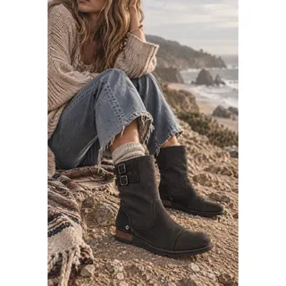 Photo of Sorel Major Pull-On Black/Shark Leather Buckle Wedge Boot 8.5 NEW