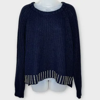 Photo of MICHAEL KORS Navy Chunky Knit Gold Studded Sweater Size XL Preppy Nautical