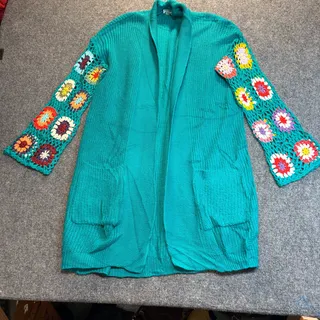 Photo of Blakely Womens PS Petite Small Teal Green Granny Square Crochet Sleeve Cardigan
