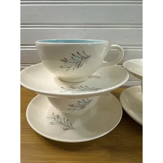Photo of Homer Laughlin Vintage Futura Set of 4 Tea Cups Saucers Aqua Gray Wheat Leaf MCM