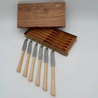 Photo of Mid Century Cattaraugus Steak Knife Set (6) in Wooden Holder w Box MCM