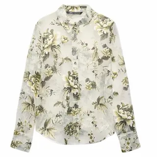 Photo of ZARA 7884/160 CONTRASTING DEVORE SHIRT ECRU GREEN M EUC