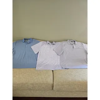 Photo of Greg Norman Men's XXL Golf Shirts (Lot of 3) Light Blue, Gray & Gray with Black Stripe