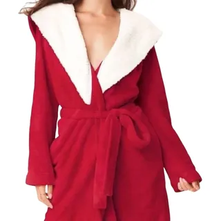 Photo of Victoria's Secret Cozy Hooded Plush Fleece W Sherpa Short Robe Vibrant Red XS/S