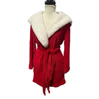 Photo of Victoria's Secret Cozy Hooded Plush Fleece W Sherpa Short Robe Vibrant Red XS/S
