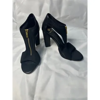 Photo of Isola Womens Size 9 Black Leather Front Zip Open Toe Block Heel Sandals