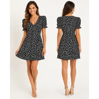 Photo of BaeVely Black White Puff Sleeve Dress NWOT Fit Flare Button Front