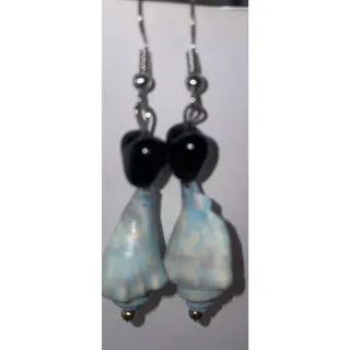 Photo of Handmade Coastal Mini Conch Shell Teal Valentines black heart Dangly Earrings 2”