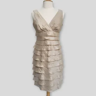 Photo of Party Cocktail Dress Dressbarn Women Size Medium Taupe Gold Shimmer Ruffle Glam