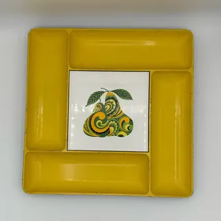 Photo of Vintage MCM Plastic Tray, Divided Yellow Tray with Pear Motif