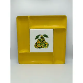 Photo of Vintage MCM Plastic Tray, Divided Yellow Tray with Pear Motif